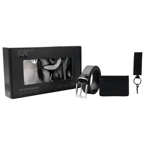 SET DE COMPUESTO CINTO TARJETERO Y LLAVERO NEGRO