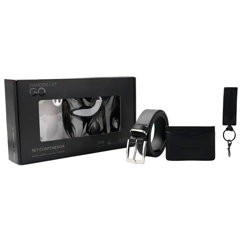 SET DE COMPUESTO CINTO TARJETERO Y LLAVERO NEGRO