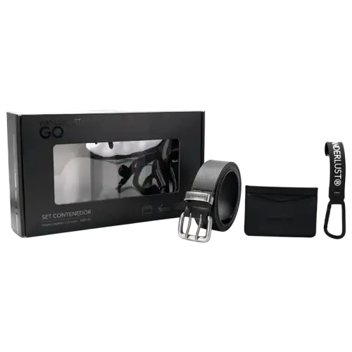 SET COMPUESTO CINTO TARJETERO Y LLAVERO NEGRO