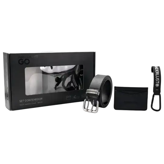 SET COMPUESTO CINTO TARJETERO Y LLAVERO NEGRO