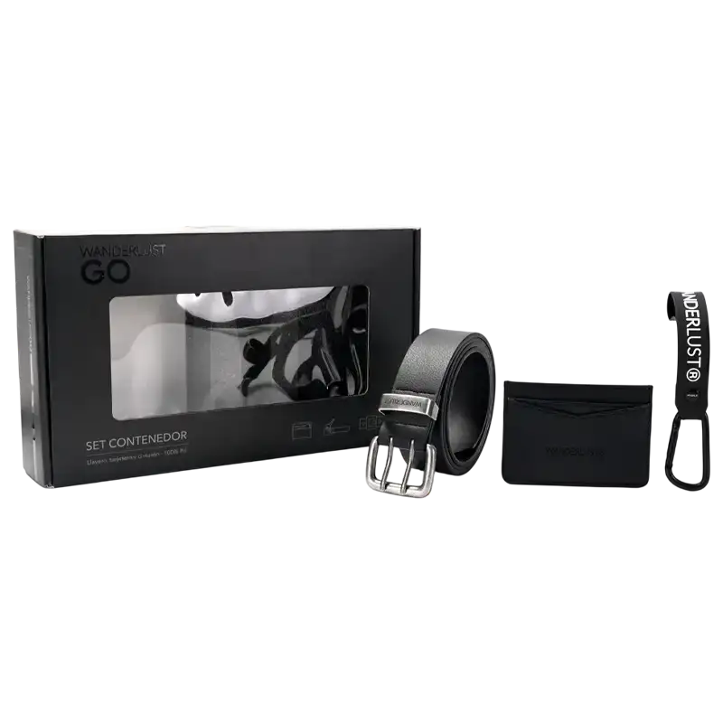 SET COMPUESTO CINTO TARJETERO Y LLAVERO NEGRO