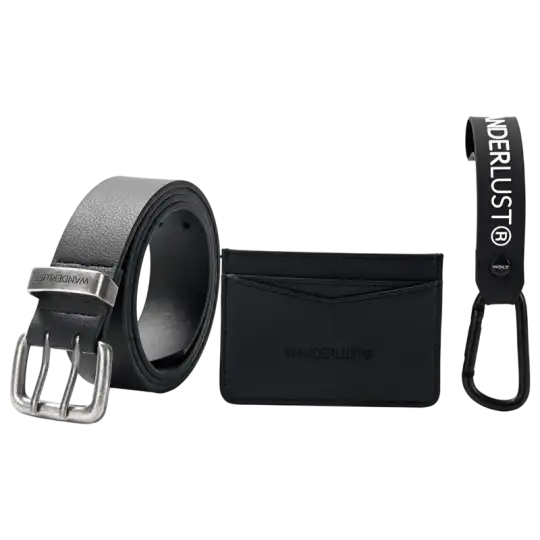 SET COMPUESTO CINTO TARJETERO Y LLAVERO NEGRO