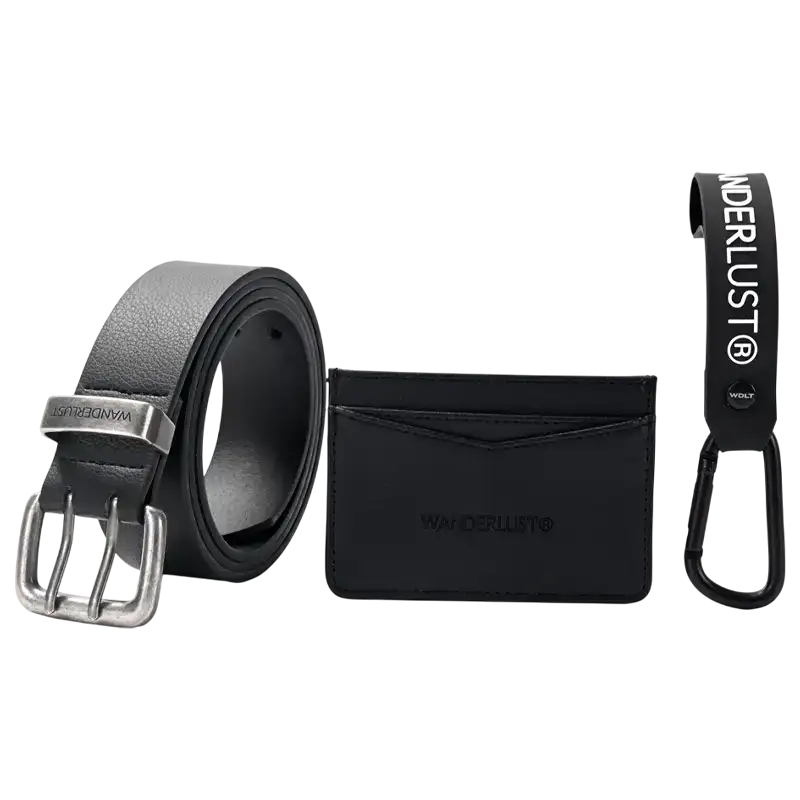 SET COMPUESTO CINTO TARJETERO Y LLAVERO NEGRO