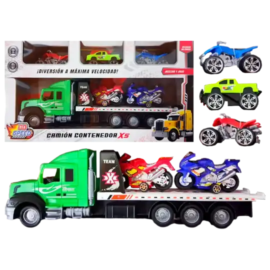 CAMION CON CONTENEDOR DE AUTOS Y MOTOS