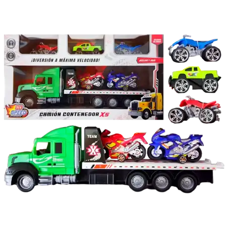 CAMION CON CONTENEDOR DE AUTOS Y MOTOS
