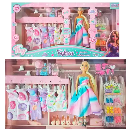 MUNIECA TINY FASHION MAS 6 VESTIDOS ZAPATOS Y ACC