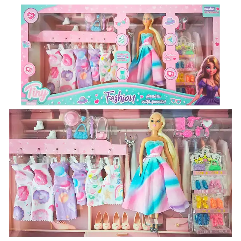 MUNIECA TINY FASHION MAS 6 VESTIDOS ZAPATOS Y ACC