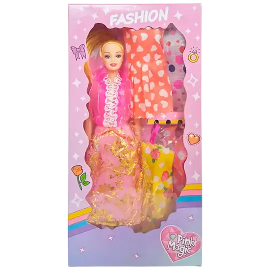 MUNIECA EN CAJA CON 4 VESTIDOS