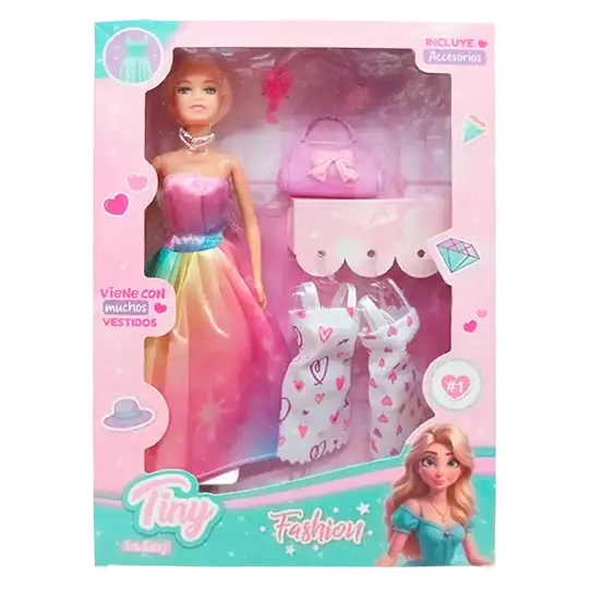 MUNIECA TINY FASHION MAS 3 VESTIDOS Y ACC